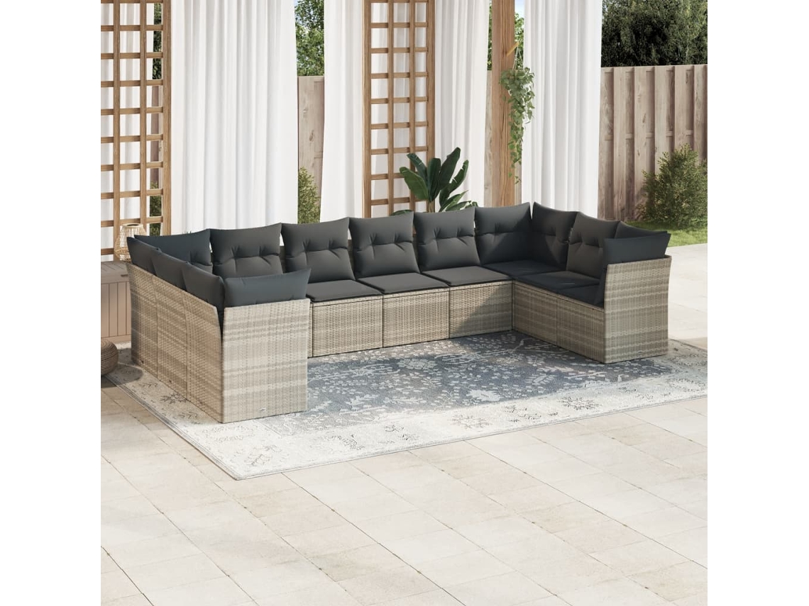 Vidaxl 10 Pcs Conj. Sofás Jardim Com Almofadões Vime Pe Cinzento-claro