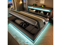 Cama Capitonê Dupla - Minimal - 140x190 Cinza Linho Usb-c Led Com Baú Hidráulico E Ripas