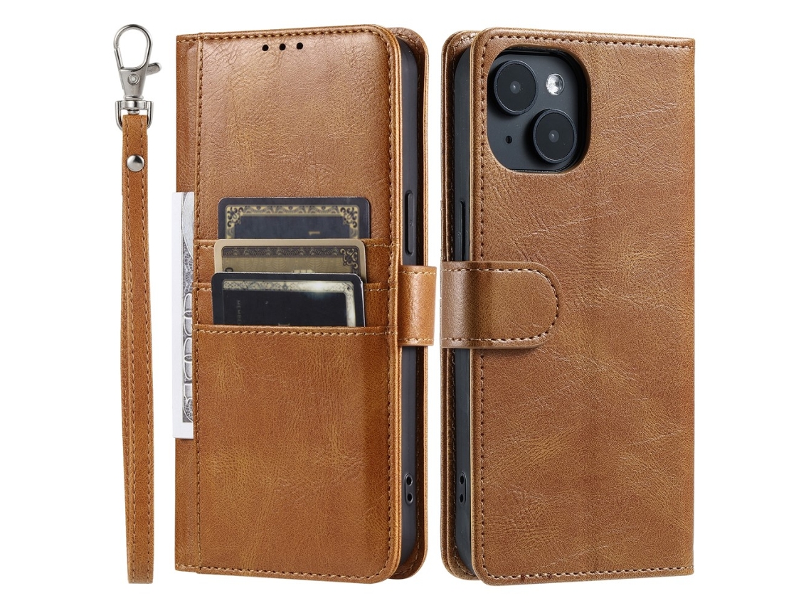 Capa Para Iphone 15 Pele Sintética Com Porta-cartões Castanho