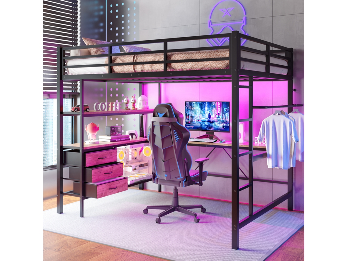 Cama alta metálica de 140x200 cm com iluminação LED, escrivaninha, entradas USB, gavetas, prateleiras, escada, colchão não incluído, preta VSOGA