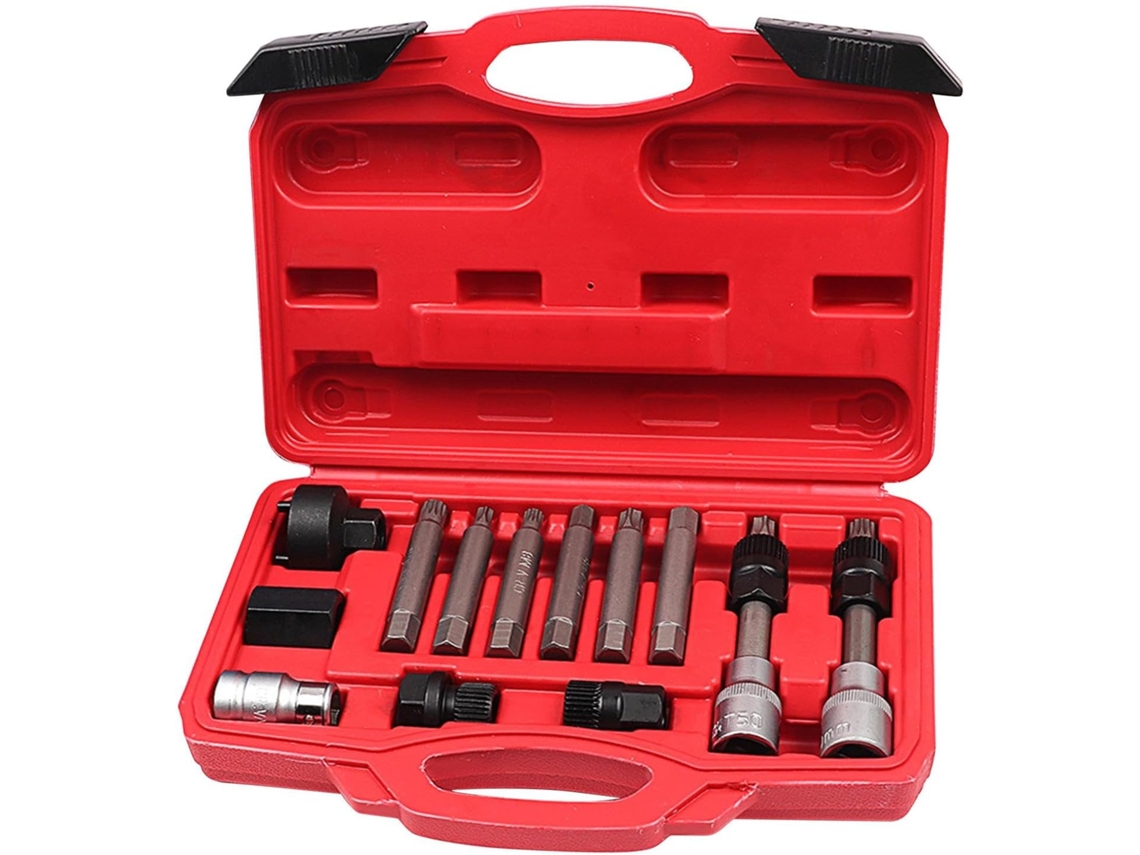Kit de ferramentas para remoção do polia do alternador, extrator manual ajustável e chave.