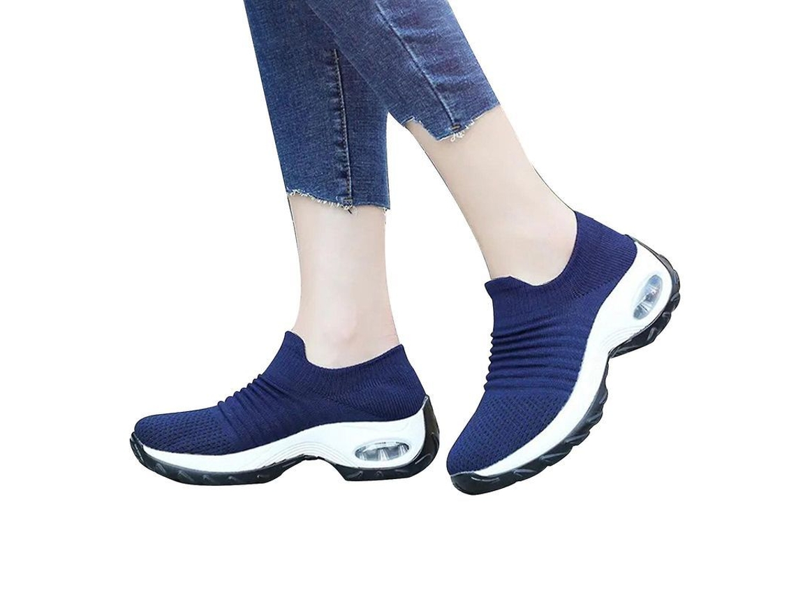 Tênis De Caminhada Feminino Sock Sneakers Leve Flexível Respirável Com Amortecimento E Solado Antiderrapante Azul Branco
