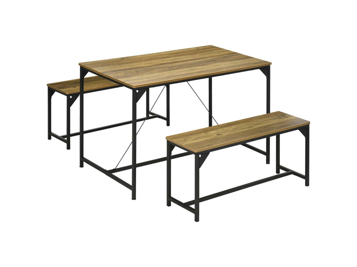 Ensemble Table À Manger Et 2 Bancs Cadre En Aço 4 Personnes Para Cozinha, Sala De Jantar, Sala De Estar Natural E Preto