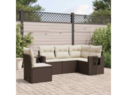 Jogo 5 Peças Sofás P/ Jardim C/ Almofadões Vime Pe Marrom Dkd Home Decor