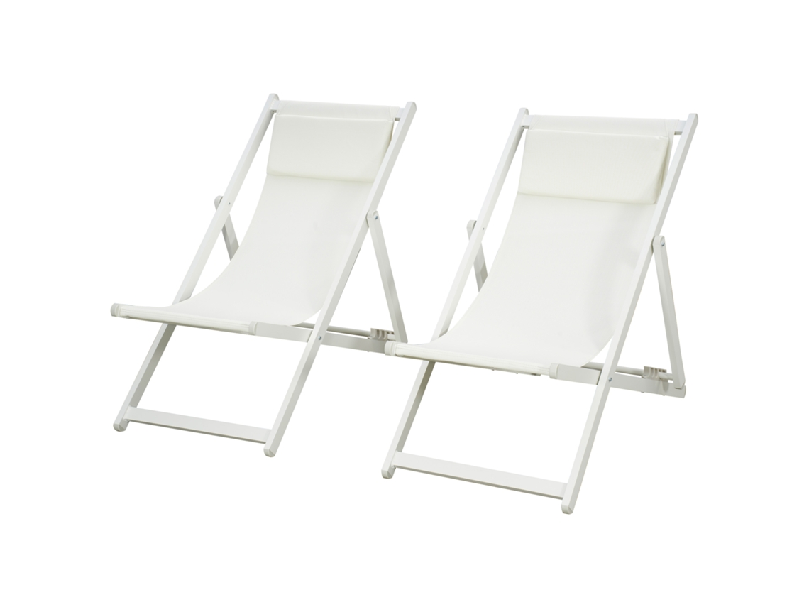 Conjunto De 2 Espreguiçadeiras Dobráveis De Alumínio Com Encosto Ajustável Em 5 Posições E Apoio De Cabeça 60x100x85 Cm Branco