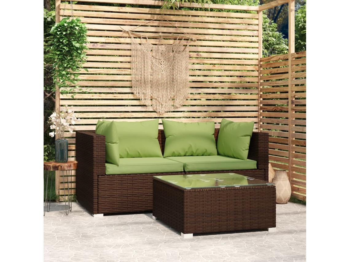 Vidaxl 3 Pcs Conjunto Lounge Jardim C/ Almofadões Vime Pe Castanho