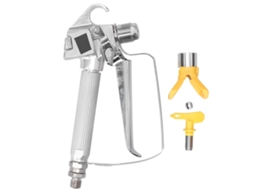 Máquina de pintura portátil de alta pressão sem ar com bico e base de tinta.