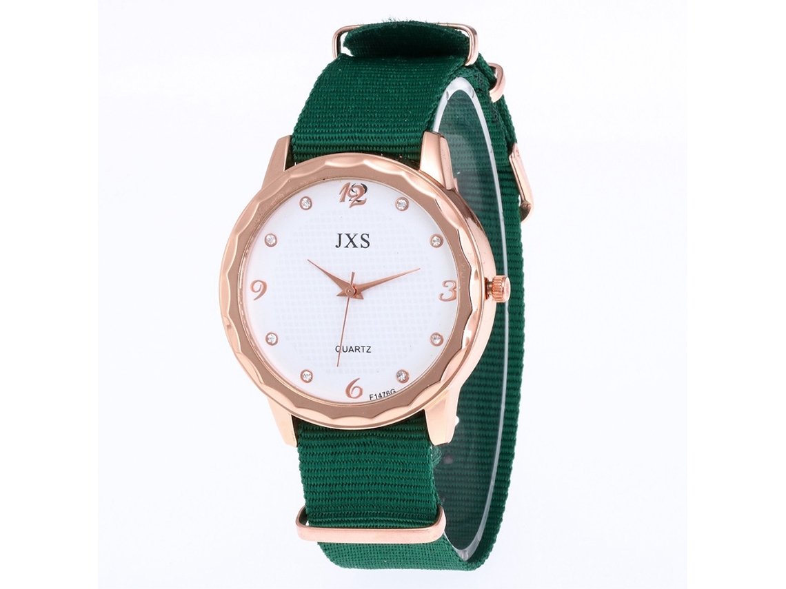Relógio de quartzo unissex com pulseira de nylon, mostrador elegante com numerais romanos, cor verde.