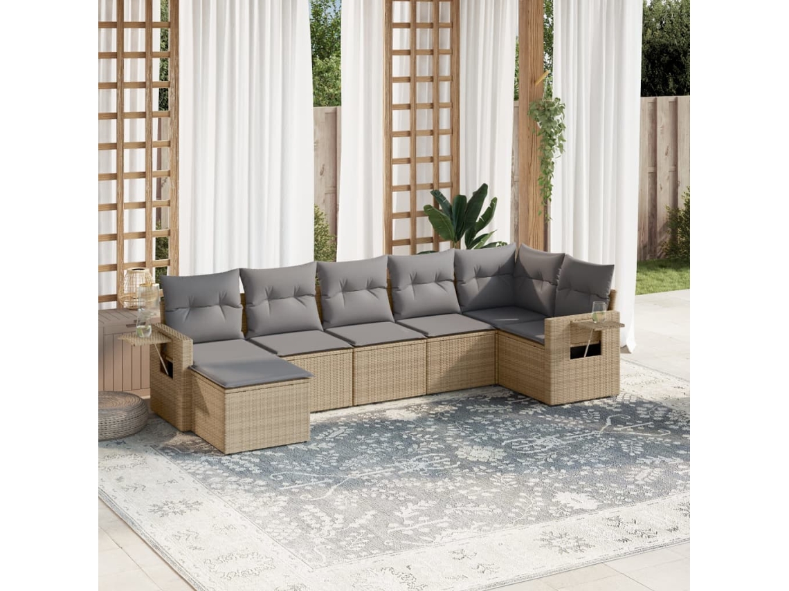 Vidaxl 7 Pcs Conjunto De Sofás P/ Jardim Com Almofadões Vime Pe Bege