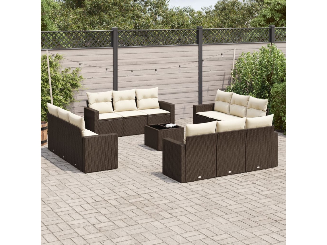 Vidaxl 13 Pcs Conjunto Sofás P/ Jardim C/ Almofadões Vime Pe Castanho