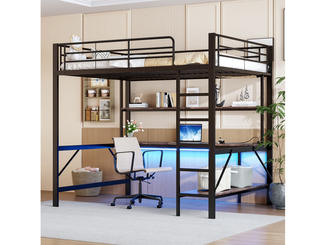 Cama Alta 140x200 Metálica com Led Usb Preta
