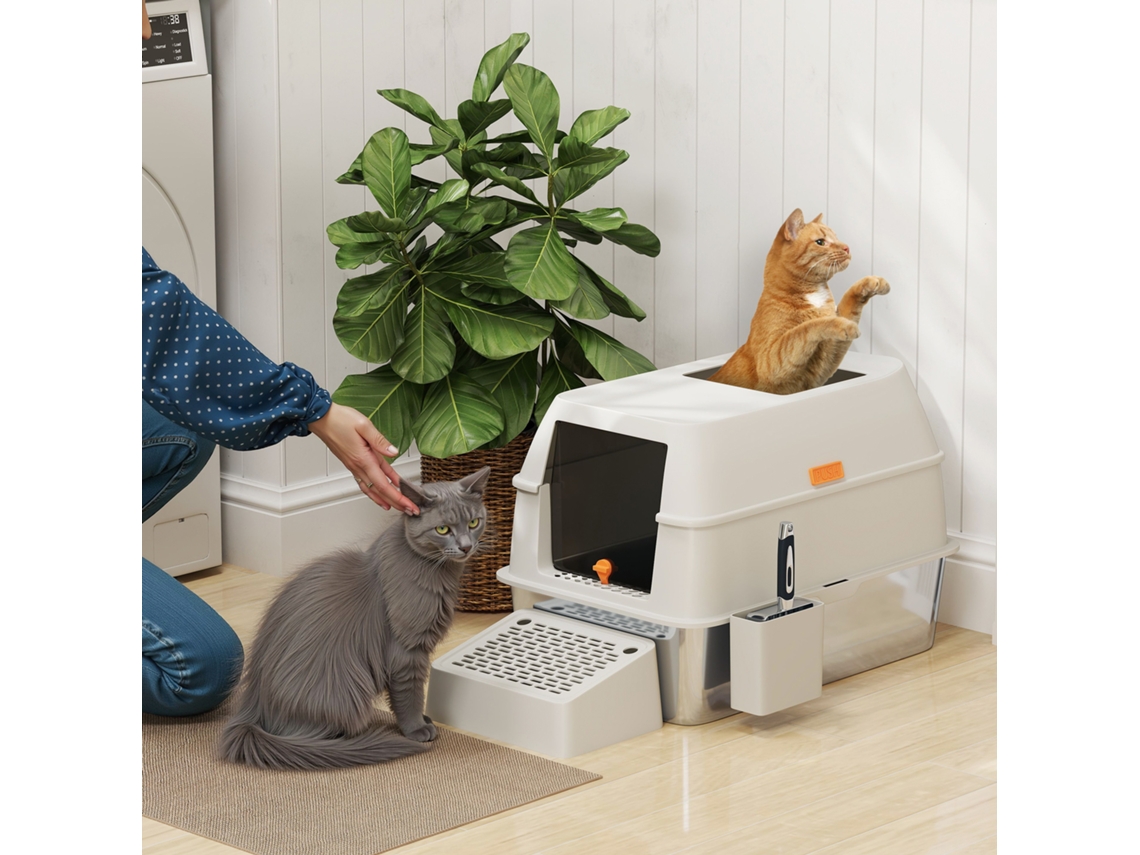 Caixa Sanitária para Gatos em Aço Inox, modelo fechado, com saída lateral e pá (60,2x40,5x40,5 cm) em cinza claro