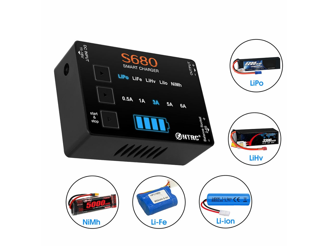 Carregador Mini Rc Lipo Htrc S680 80w 6a Ca Para Cc Para Bateria Lipolifelihvlilon1 15s Nimh Com Adaptador 15v6a