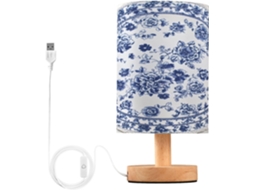 Abajur De Cabeceira Led Em Porcelana Azul E Branca Para Quarto, Com Cúpula De Tecido, Base De Madeira E Porta Usb, Ideal
