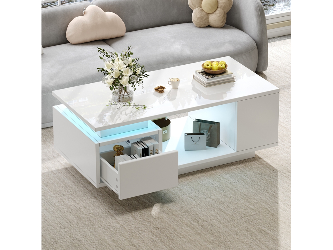 Mesa Centro 100x50x36 Led Gaveta 4 Compartimentos Design Vazado Branco