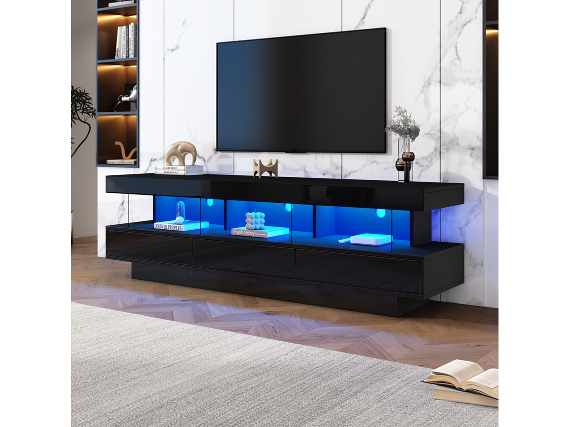 Móvel Para Tv Preto Brilhante Com Led, 160 X 38 X 50,5 Cm, 3 Prateleiras De Vidro, Bluetooth, Até 70 Polegadas