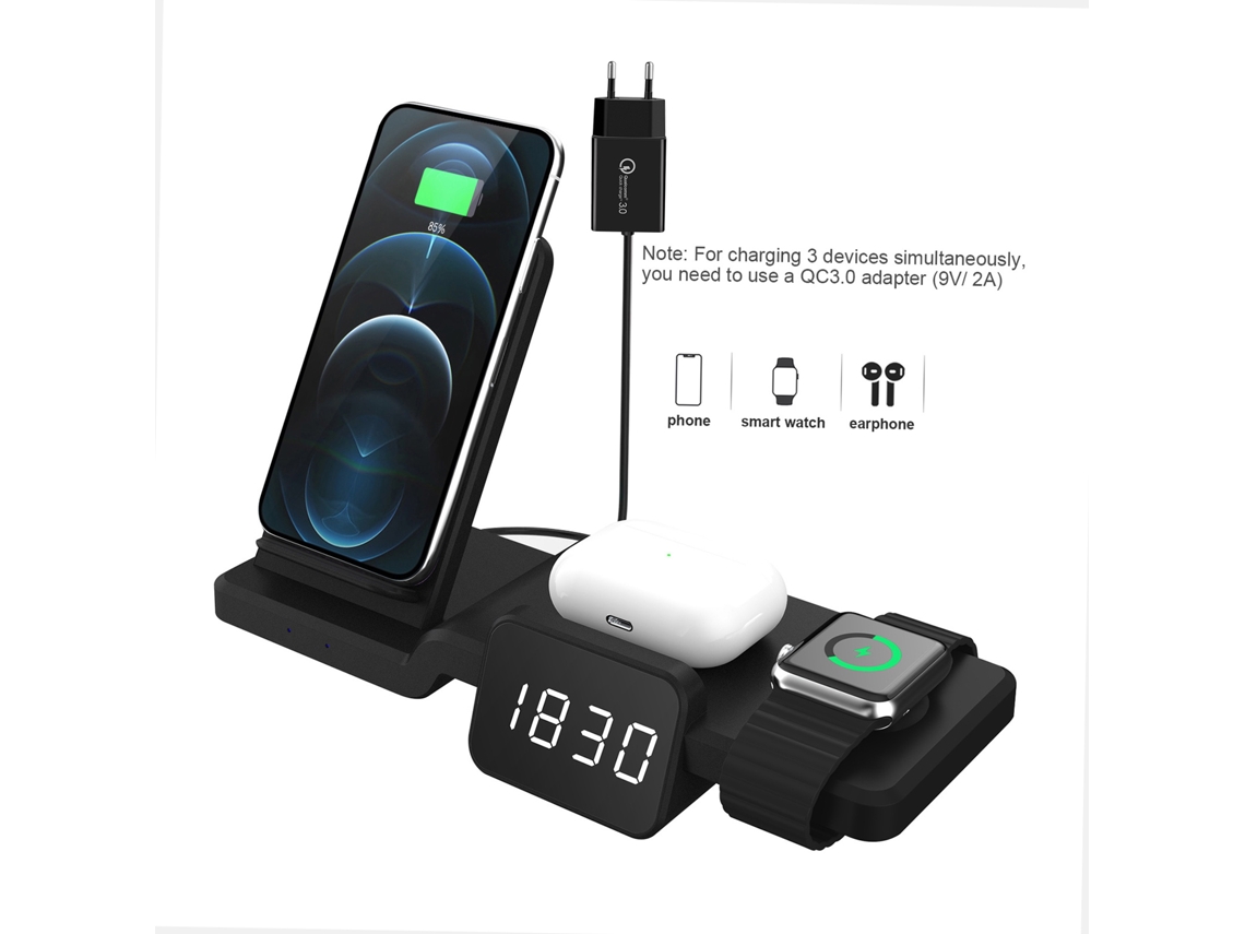 Carregador sem fio 3 em 1 com relógio suporte para celular fones de ouvido relógio inteligente S/MARCA