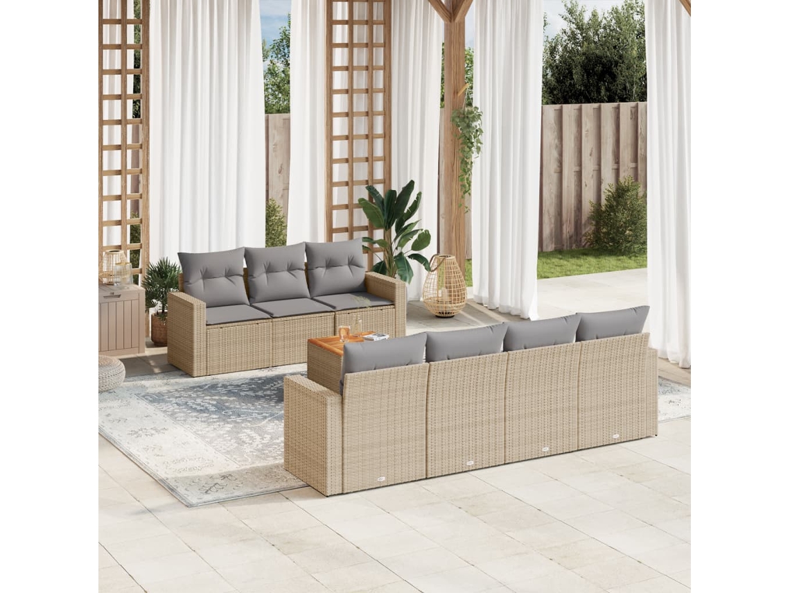Vidaxl 8 Pcs Conj. Sofás Jardim C/ Almofadões Vime Pe Bege Misturado