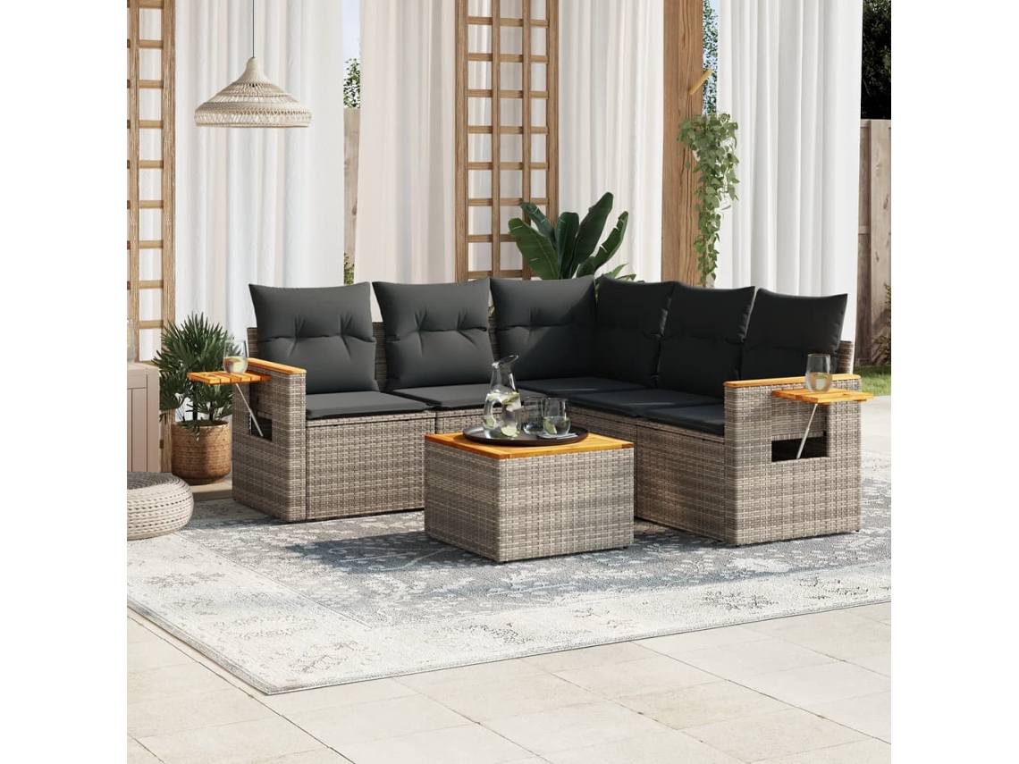 Vidaxl 6 Pcs Conjunto Sofás De Jardim Com Almofadões Vime Cinzento