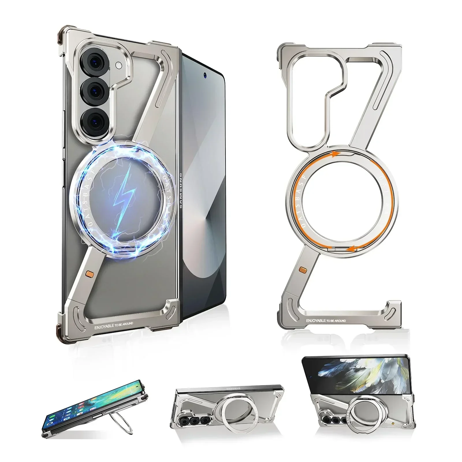 Capa Para Celular (titânio Galaxy Z Fold 7) Com Suporte Magnético Giratório Magsafe De 360°
