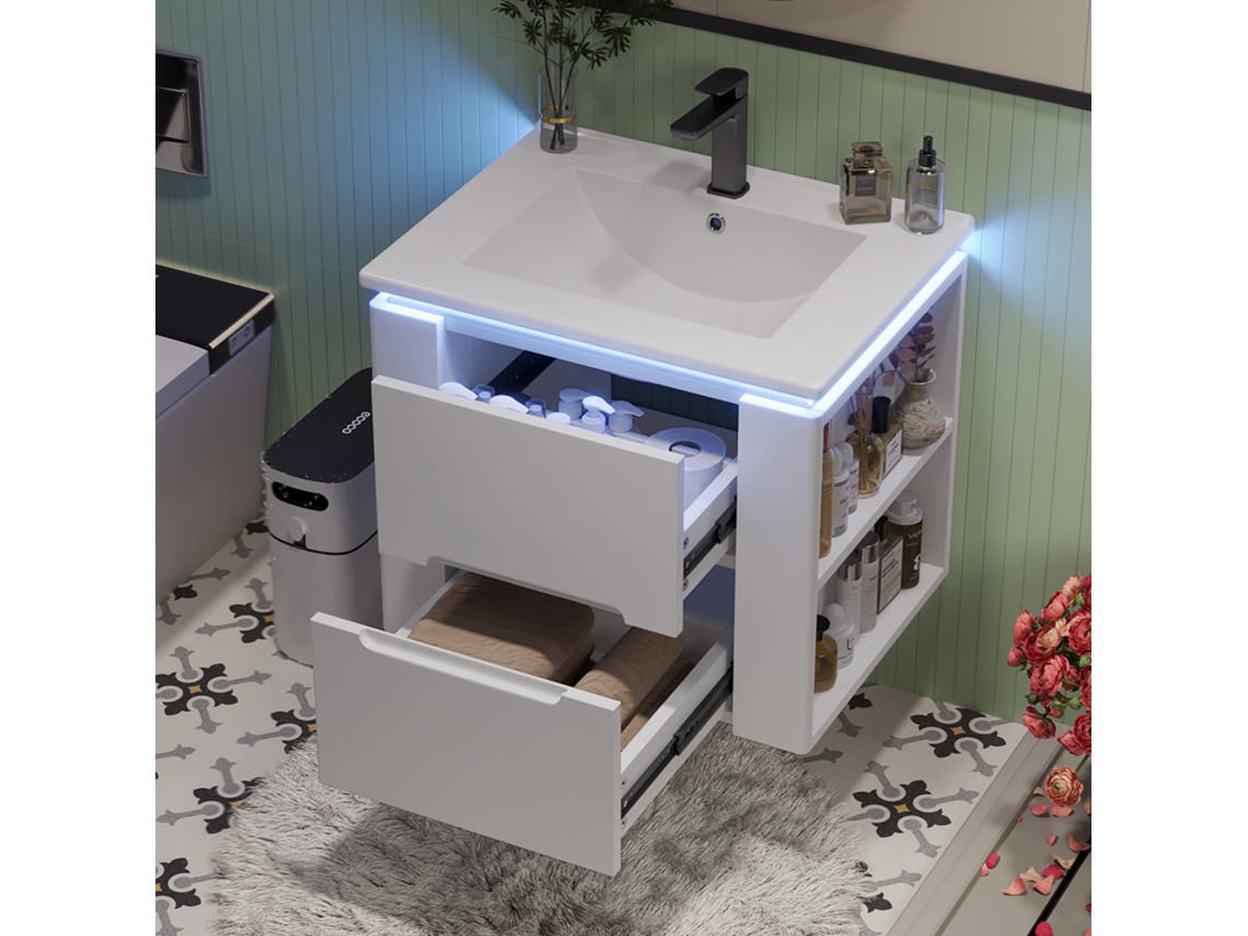 Armário De Banheiro Suspenso Com Led, 2 Gavetas E Prateleiras, 61x46x48,5 Cm