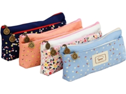 Estojo para Lápis, 4 Peças, 2 Compartimentos, Lona, Azul Escuro, Branco, Floral, Maquiagem AQUAFORGE