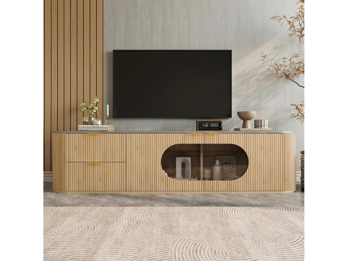 Móvel para TV KOMHTOM em madeira, múltiplos compartimentos, portas 3D ranhuradas, vitrine oval de vidro cinza, moderno e natural, 172x38x45,5 cm