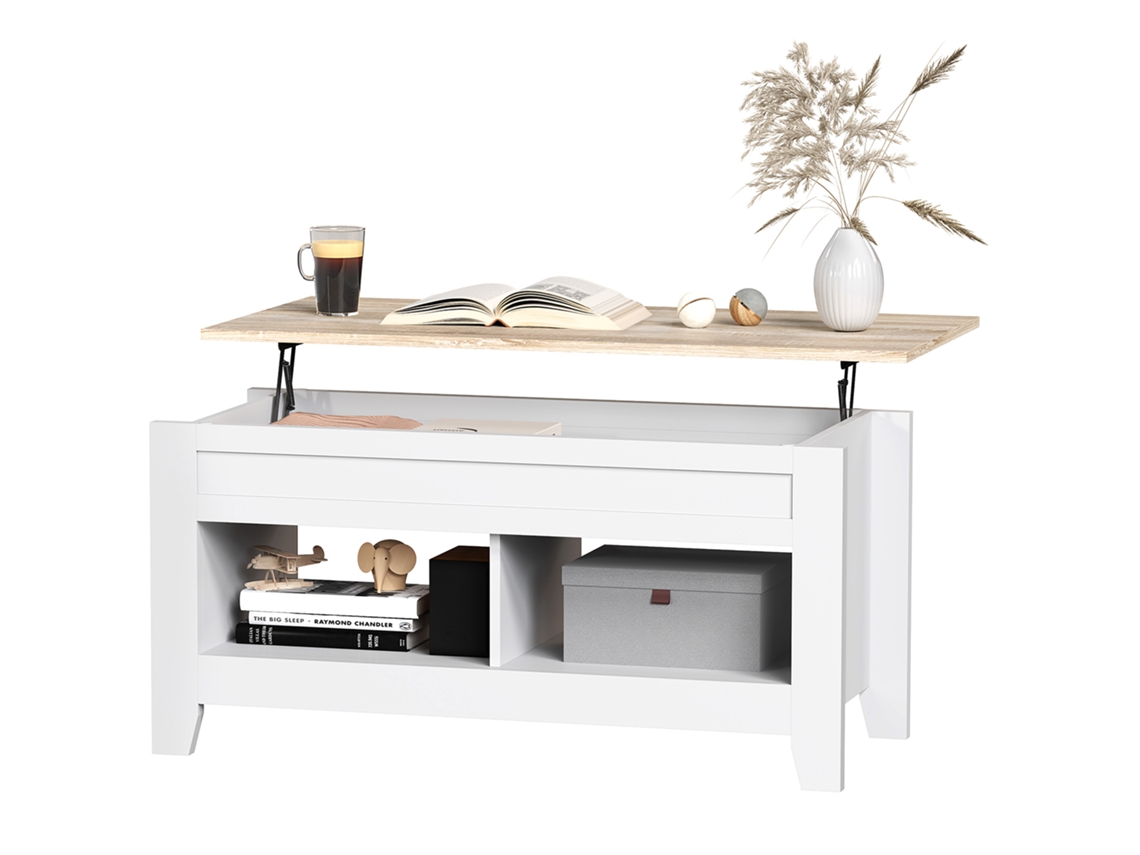 Mesa De Centro Com Tampo Elevável Com E Espaço De Armazenamento Escondido, Cor Branco E Natural, Em Aço, 105 X 50 X 49 Cm