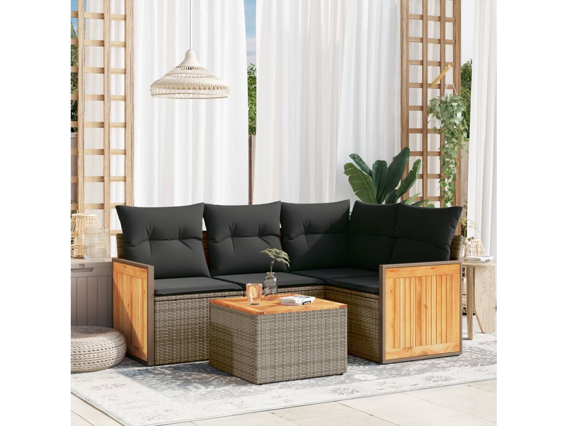 Vidaxl 5 Pcs Conjunto Sofás de Jardim C/ Almofadões Vime Pe Cinzento