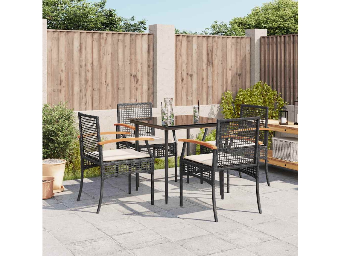 Vidaxl 5 Pcs Conjunto De Jantar P/ Jardim C/ Almofadões Vime Pe Preto