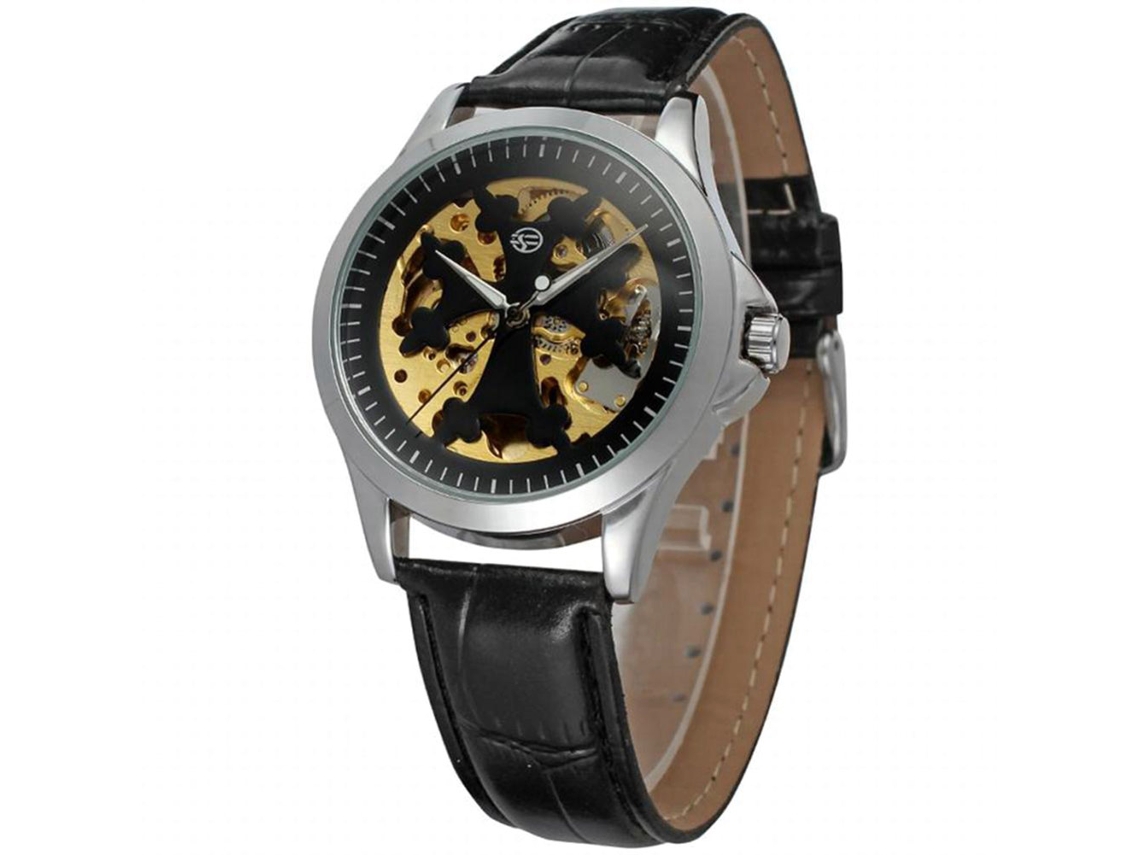 Relógio masculino Forsining casual automático mecânico com pulseira de PU, resistente à água, preto e prata.