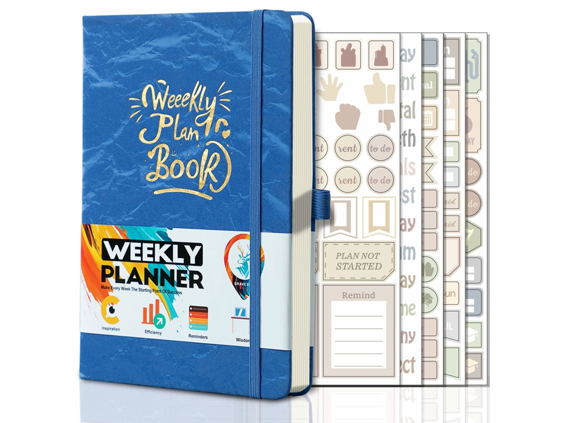 A5 English Weekly Planner Notebook With Binding, Royal Blue Flock Embossed Gold, Includes 5-sheets Planner Stickers
