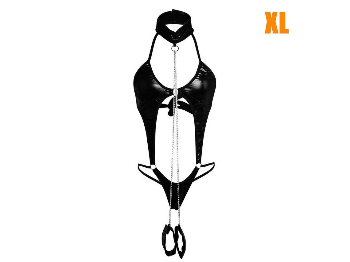 Lingerie Sexy de Couro Pu Feminina com Cadeia, Calcinha G string e Macacão de Sutiã