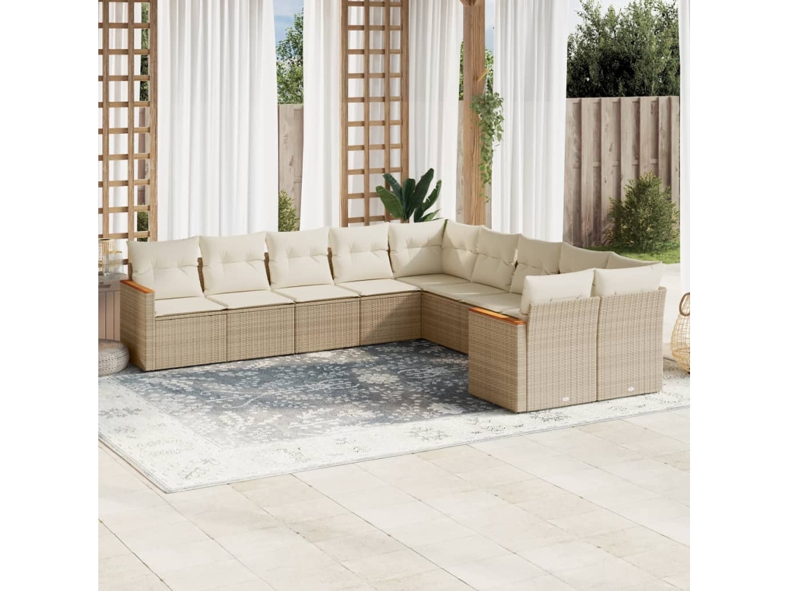 Vidaxl 10 Pcs Conjunto de Sofás P/ Jardim com Almofadões Vime Pe Bege
