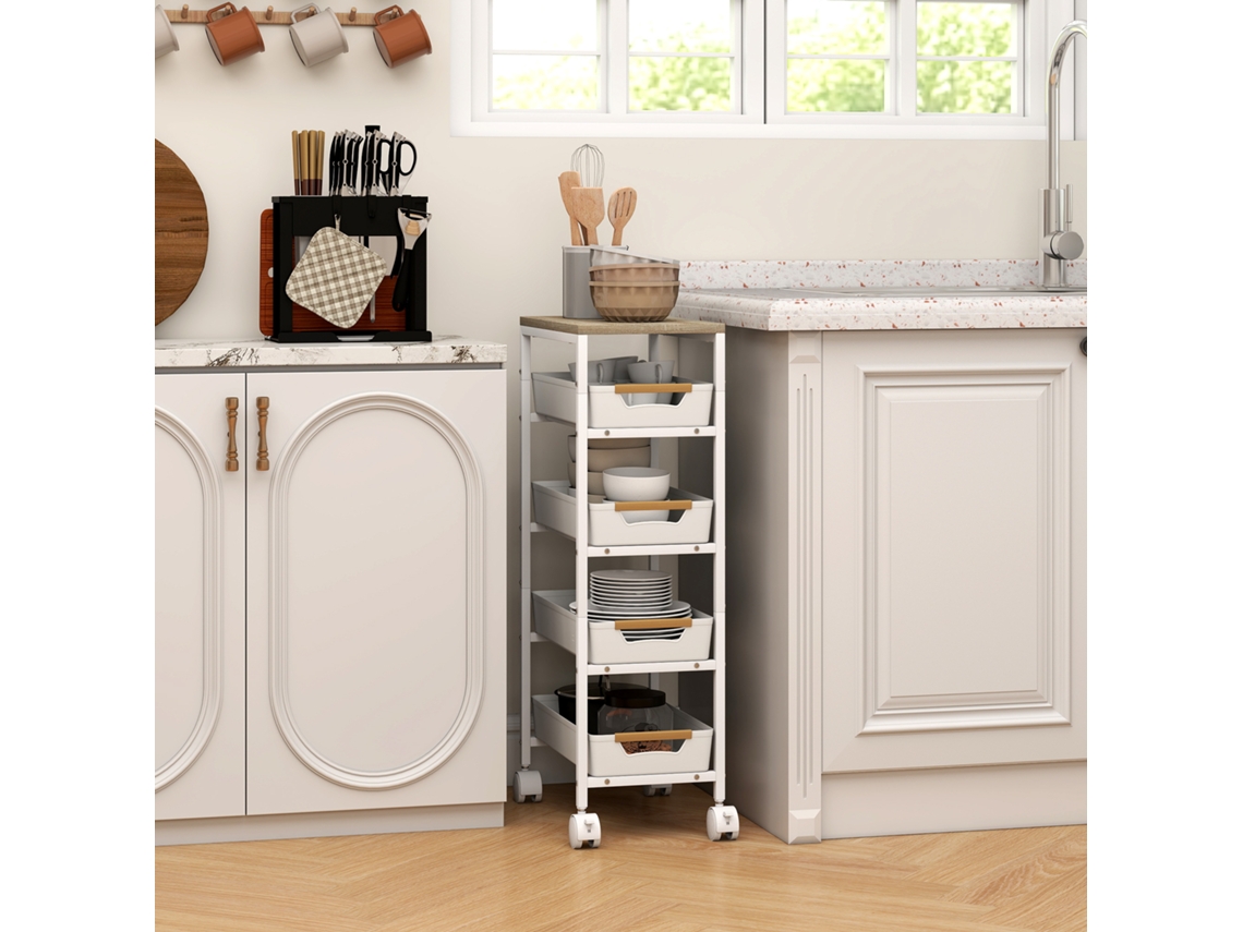 5 Tier Kitchen Trolley Wood Look Rolling Metal Frame 4 Drawers White
