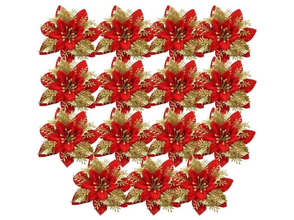 15 Flores Artificiais De Poinsettia Com Purpurina Para Decoração De Natal 14cm
