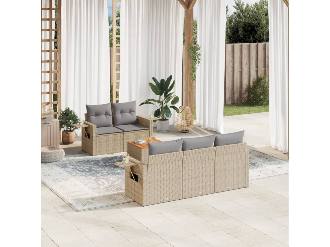 6 Pcs Conj. Sofás Jardim C/ Almofadões Vime Pe Bege Misturado Dkd Home Decor