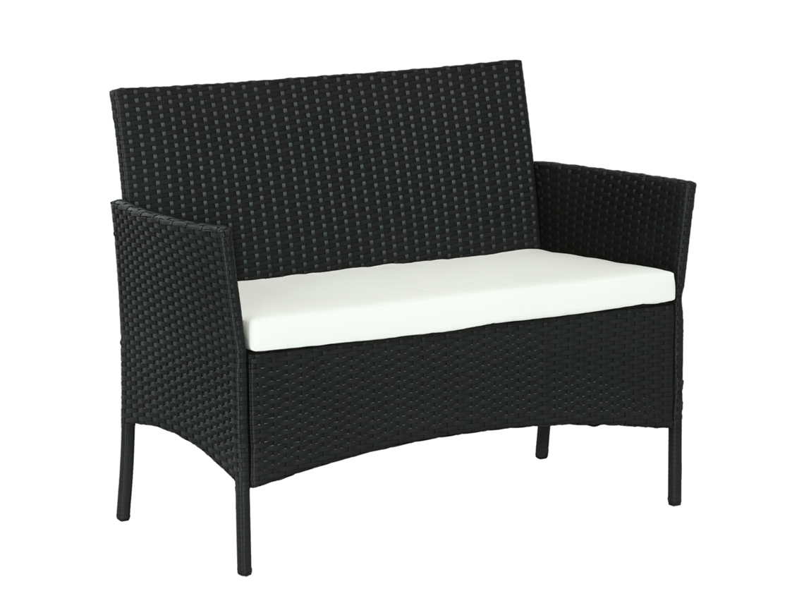 Sofá de Jardim de 2 Lugares com Almofada e Apoios de Braço em Rattan PE e Aço 107x55x80cm Preto S/MARCA