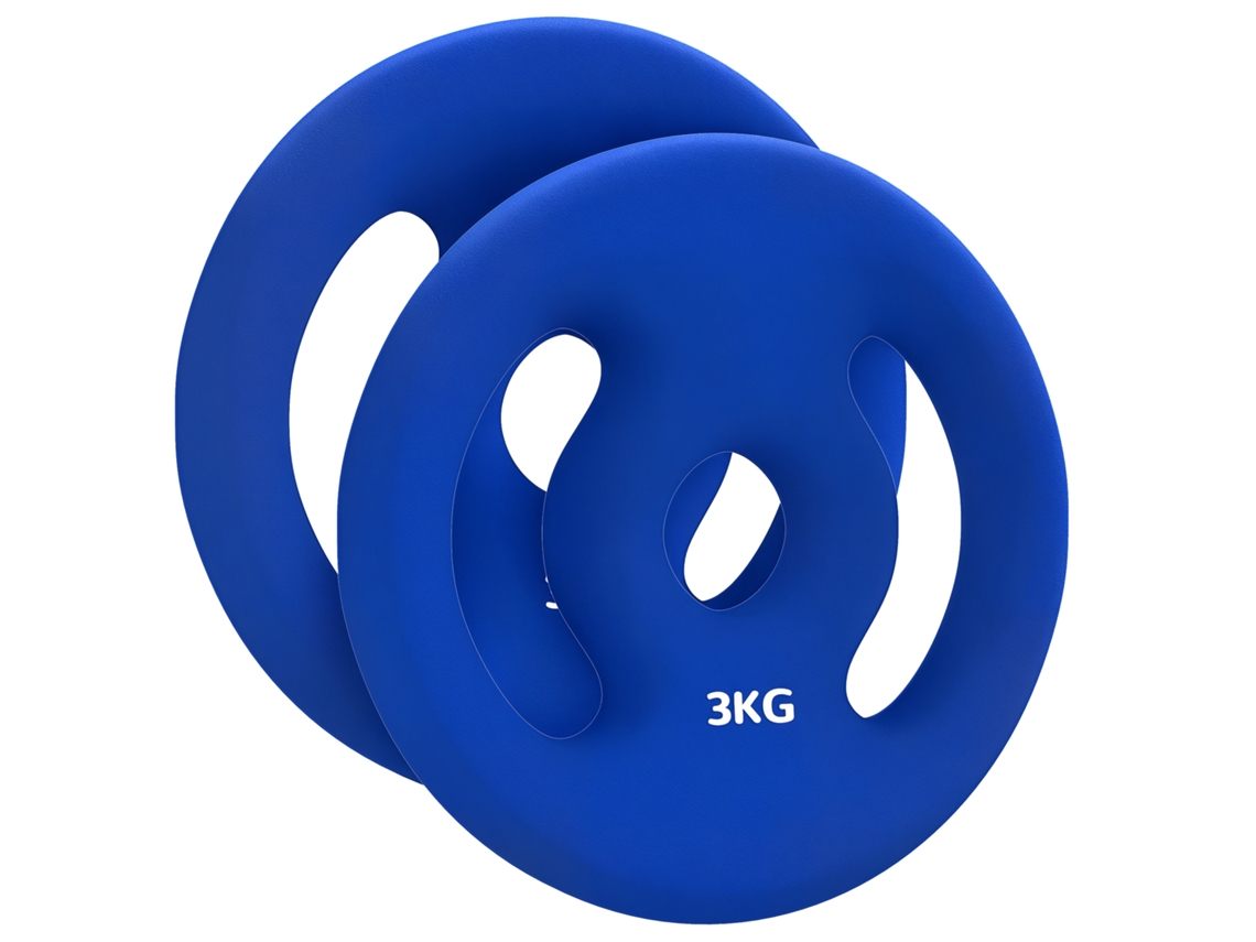 Conjunto Com Dois Discos De Halteres De 3 Kg, Adequados Para Barras De 2,5 Cm De Diâmetro, Com Pegas Metálicas Fáceis De Usar, Na Cor Azul.
