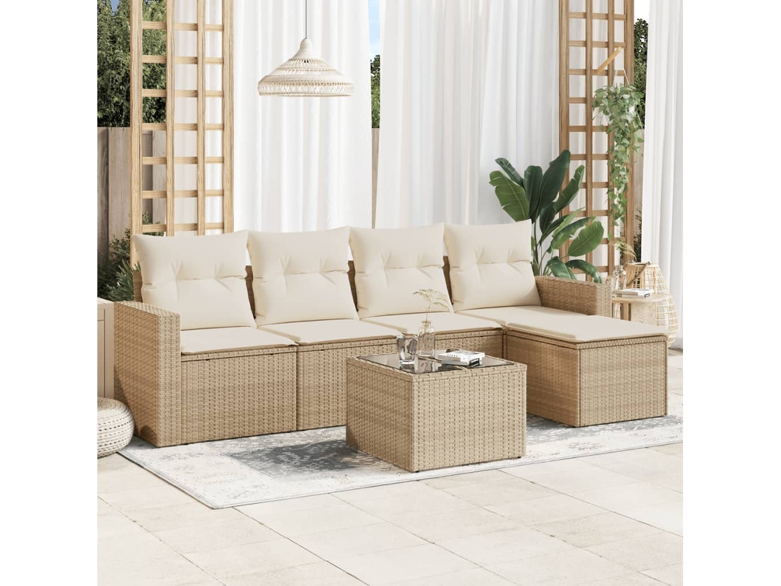 Vidaxl 6 Pcs Conjunto De Sofás P/ Jardim Com Almofadões Vime Pe Bege