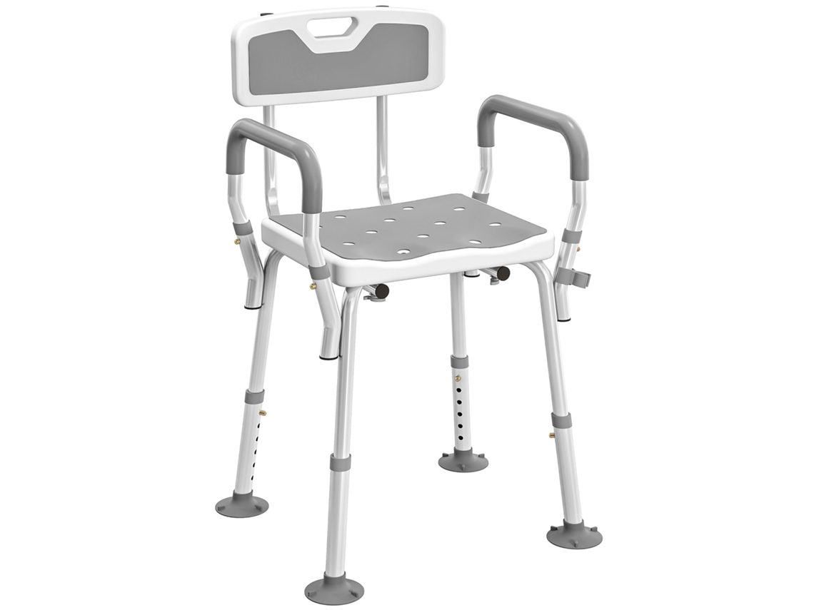 Banqueta de Chuveiro, Cadeira de Chuveiro Ergonômica, Altura Ajustável, Pés Antiderrapantes, 56,5 X 53,5 X 87 Cm, Branca e Cinza CHEZMOI