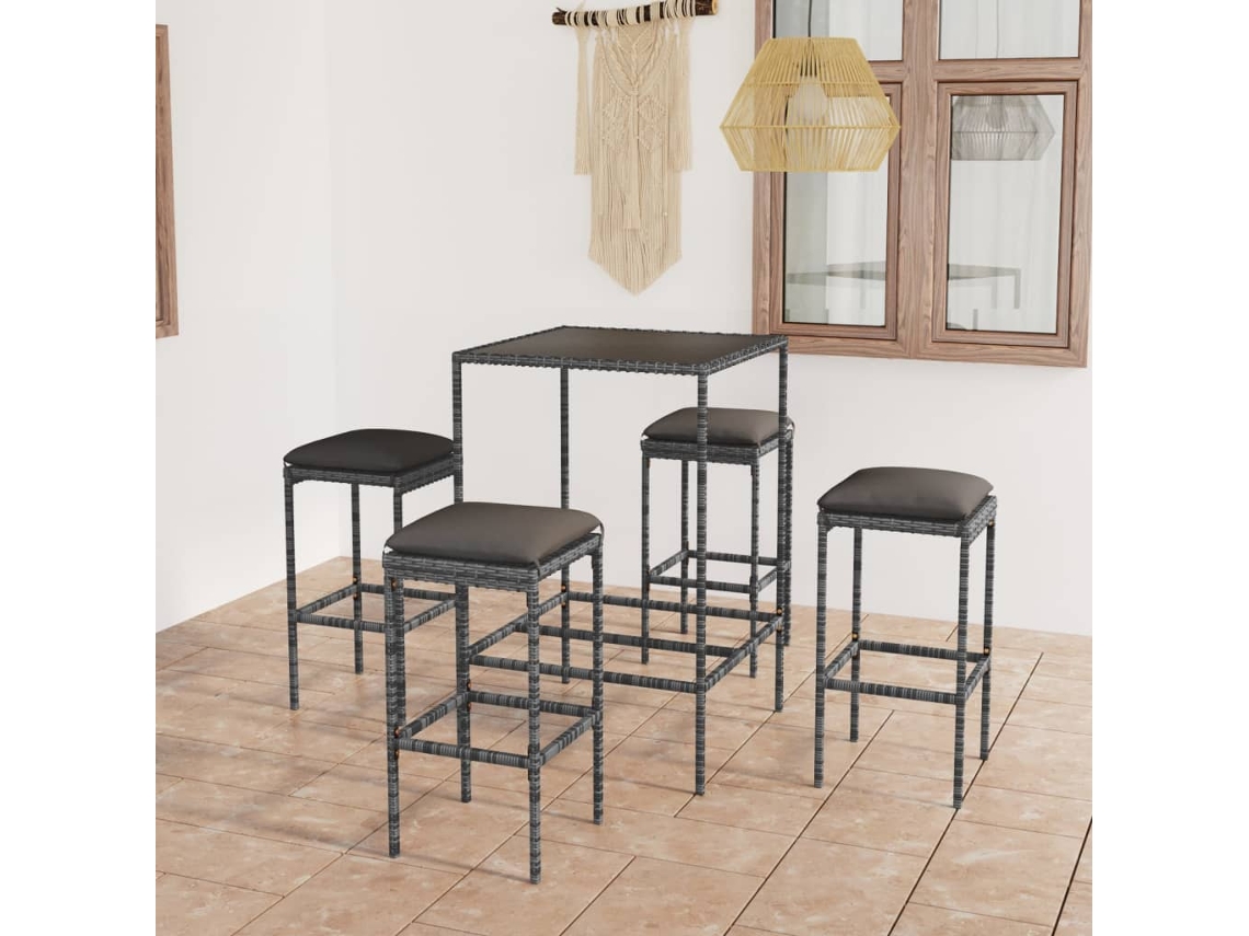 Vidaxl 5 Pcs Conjunto De Bar P/ Jardim C/ Almofadões Vime Pe Cinzento