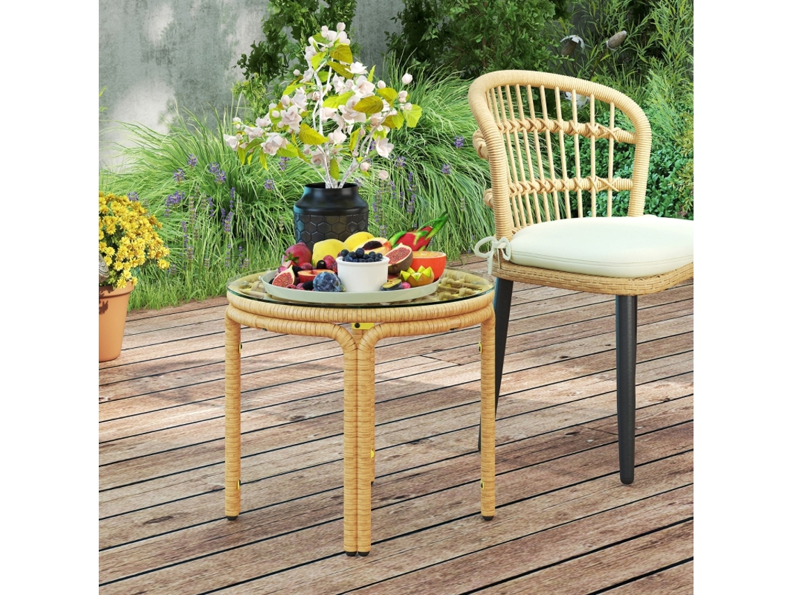 Mesa Lateral Amarela em Polirratã com Tampo de Vidro e Prateleira, 65x65x50cm | MEGA ECHO TRADE SHOP