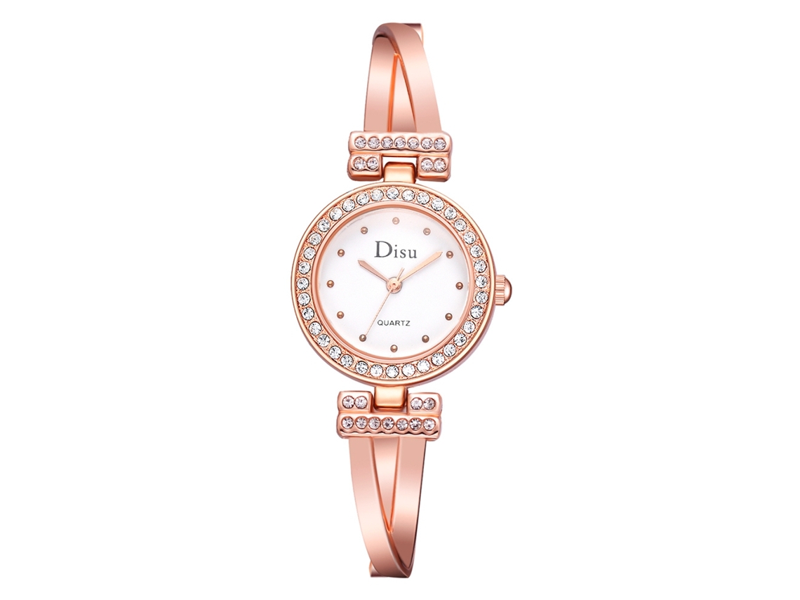 Relógio de Pulso para Mulher Disu Quartzo Pulseira Strass Ouro Rosa+branco Fashion