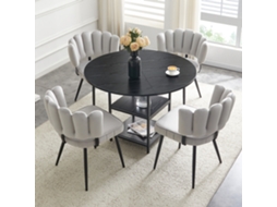 Conjunto Mesa E Cadeiras 107 Cm - Mesa Redonda 2 Níveis + 4 Cadeiras Florais, Estilo Industrial - Preto/cinzento Claro