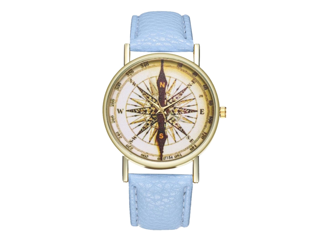 Relógio de pulso feminino de couro, quartzo, estilo casual, azul claro.