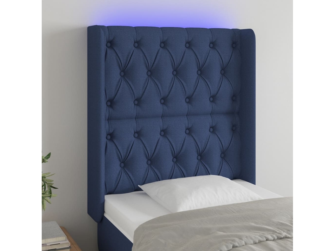 Cabecero con luces LED, tela, 83x16x118/128 cm, azul