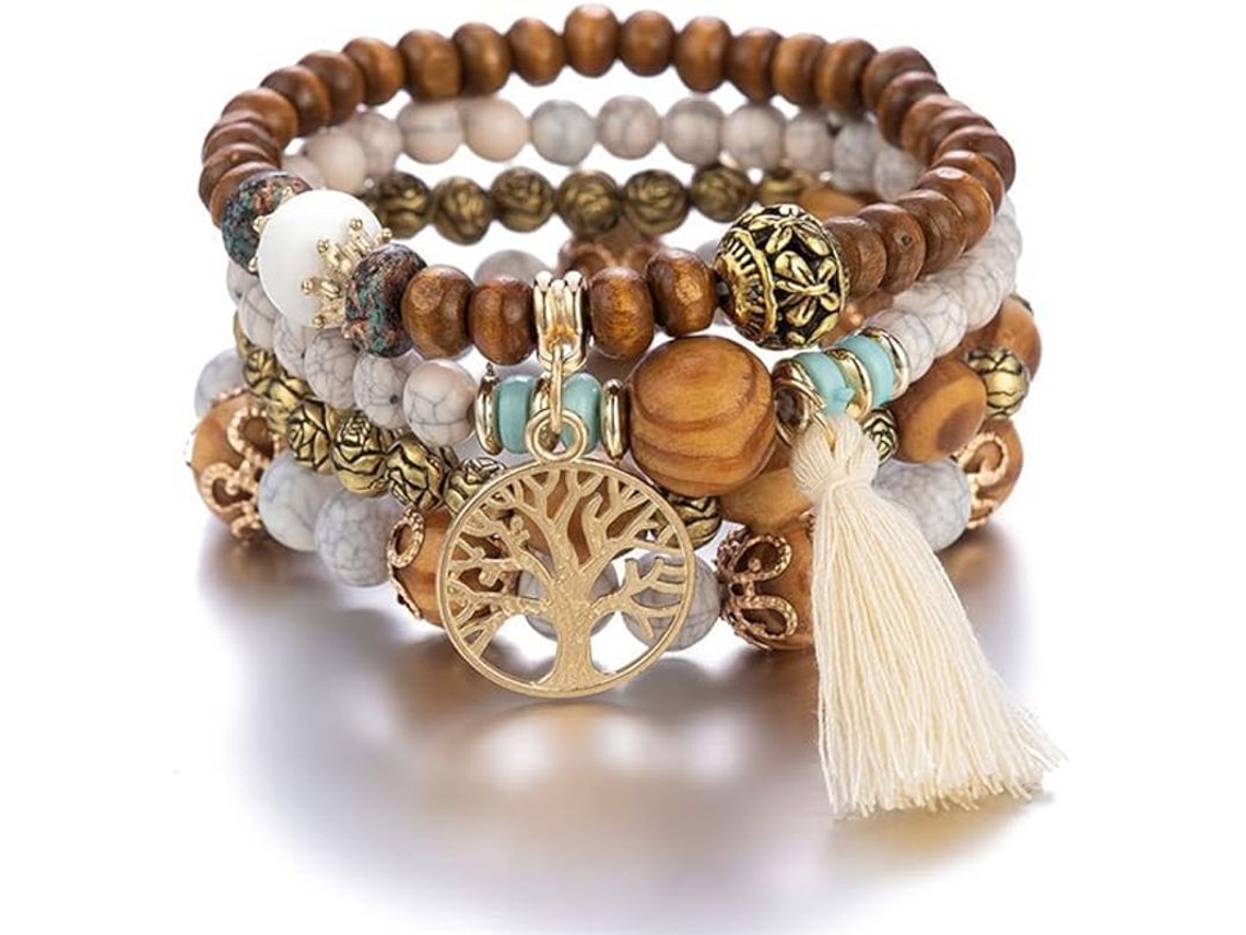 Pulseira Boho com Contas de Madeira, Pulseira Elástica com Tassel e Árvore da Vida, Souvenir Feminino
