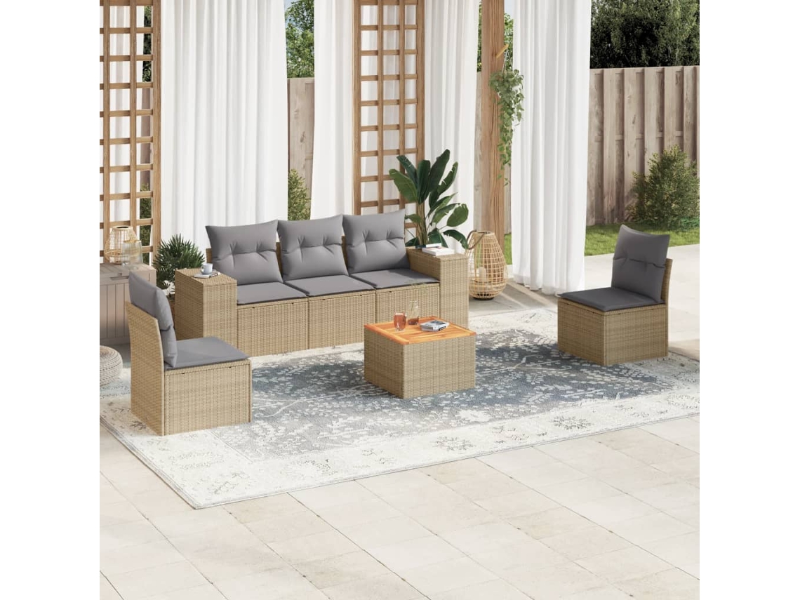 6 Pcs Conjunto De Sofás P/ Jardim Com Almofadões Vime Pe Bege Dkd Home Decor