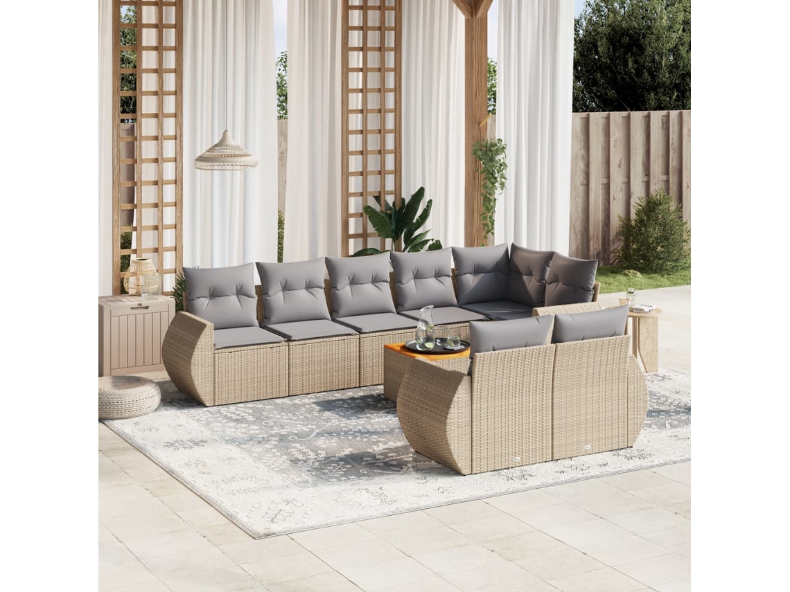 Vidaxl 9 Pcs Conjunto De Sofás P/ Jardim Com Almofadões Vime Pe Bege